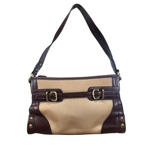 Etienne Aigner Shoulder Bag Canvas Leather Trim Buckle Accents Tan Brown
